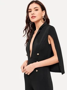 Double Breasted Cape Jumpsuit - Black - View 5