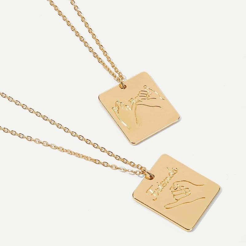 

Hand Engraved Pendant Necklace 2pcs, Gold