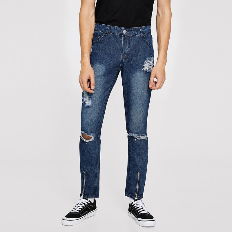 

Guys Button Waist Ripped Zip Hem Jeans, Blue