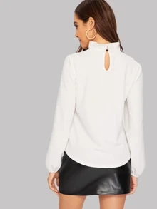 SHEIN Privé Eyelash Lace Panel Tied Frill Neck Blouse - White - View 2