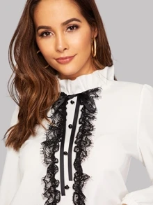 SHEIN Privé Eyelash Lace Panel Tied Frill Neck Blouse - White - View 6