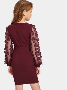 SHEIN Girls Mesh With Appliques Belted Dress - Burgundy - View 2