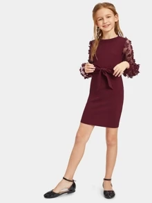 SHEIN Girls Mesh With Appliques Belted Dress - Burgundy - View 3
