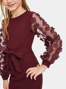 SHEIN Girls Mesh With Appliques Belted Dress - Burgundy - View 4