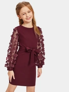 SHEIN Girls Mesh With Appliques Belted Dress - Burgundy - View 5