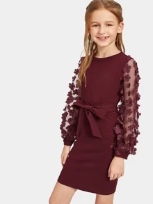 SHEIN Girls Mesh With Appliques Belted Dress - Burgundy - View 1