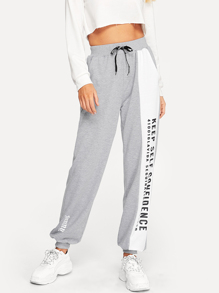 Letter Print Contrast Panel Sweatpants