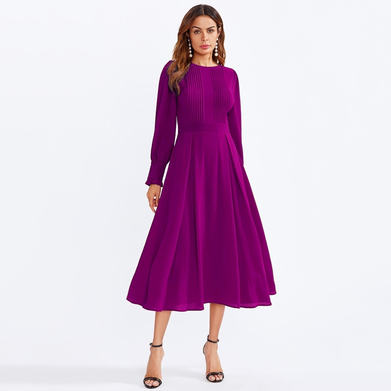 

Frilled Cuff Boxed Pleated Dress, Purple
