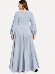 SHEIN Plus Flower Applique Blouson Sleeve Wrap Dress - Baby Blue - View 2