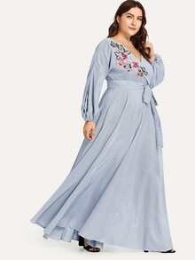 SHEIN Plus Flower Applique Blouson Sleeve Wrap Dress - Baby Blue - View 3