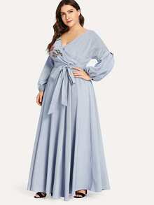 SHEIN Plus Flower Applique Blouson Sleeve Wrap Dress - Baby Blue - View 4