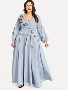 SHEIN Plus Flower Applique Blouson Sleeve Wrap Dress - Baby Blue - View 1