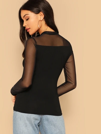 SHEIN BAE T-Shirty Siateczka Kontrastowa Równy Czarne Seksowne