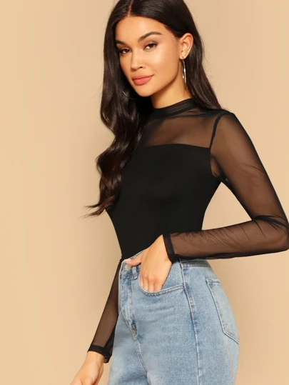 SHEIN BAE Sheer Mesh Yoke Mock Neck Top