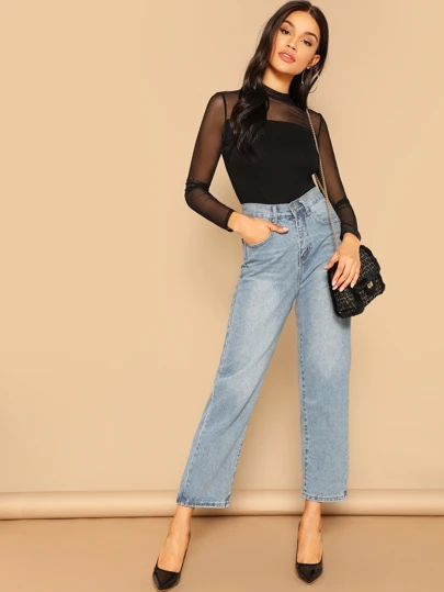 SHEIN BAE Top mit Netzstoff und Stehkragen