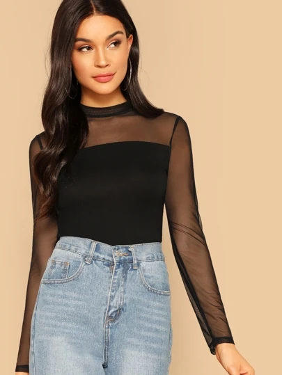 SHEIN BAE Sheer Mesh Yoke Mock Neck Top