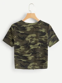SHEIN Camiseta de camuflaje con lazo delantero - Verde militar - Ver 2