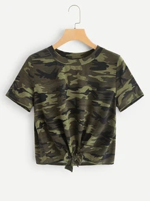 SHEIN Camiseta de camuflaje con lazo delantero - Verde militar - Ver 1