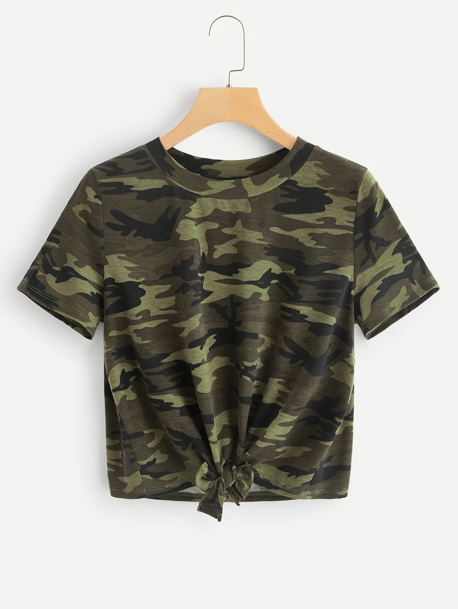 SHEIN Camiseta de camuflaje con lazo delantero - Verde militar - Ver 1