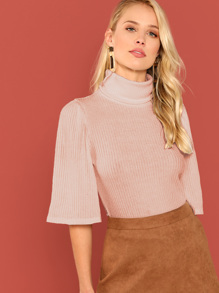 Turtle Neck Bell Sleeve Rib-knit Tee