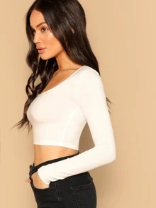 SHEIN Essnce Scoop Neck Crop Fitted Top - White - View 3
