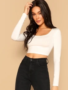 SHEIN Essnce Scoop Neck Crop Fitted Top - White - View 1