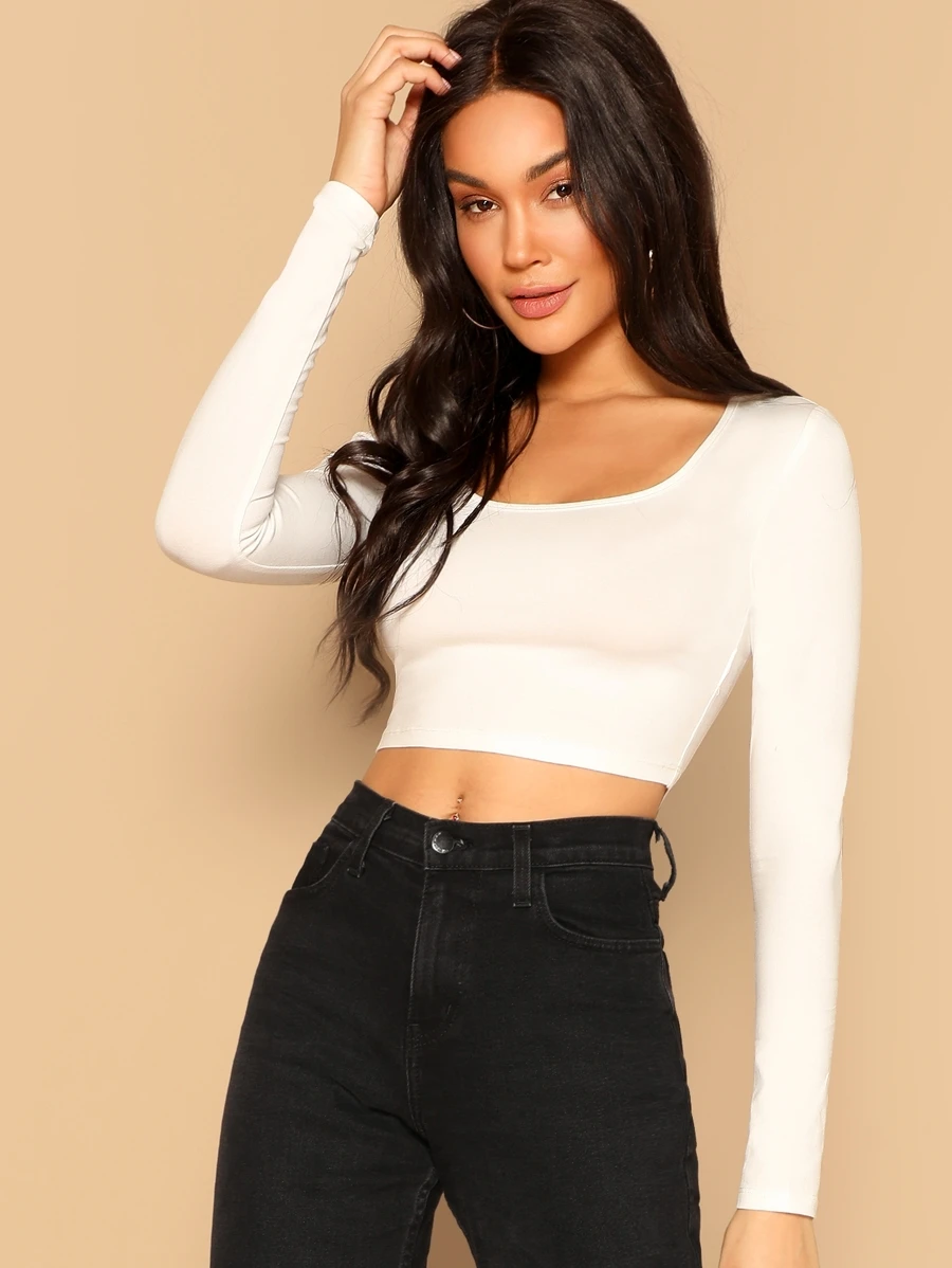SHEIN Essnce Scoop Neck Crop Fitted Top - White - View 1