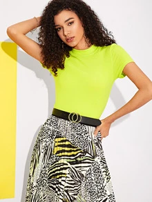 SHEIN Mock Neck Fitted Neon Green Top - Lime Green - View 1