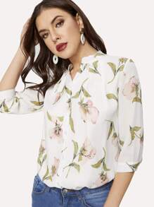Floral Print Trim Button Front Blouse