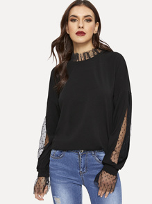 Polka Dot Contrast Mesh Sweatshirt