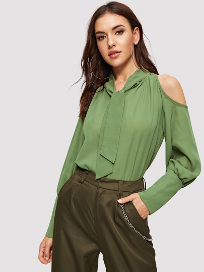 Tie Neck Cold Shoulder Buttoned Cuff Top pictures