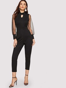 Cut Out Front Pearls Beaded Mesh Sleeve Jumpsuit