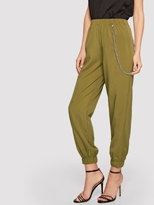 Elastic Waist & Hem Solid Pants with Chain