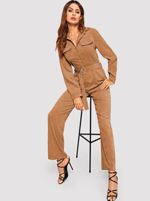 Corduroy Belted Collar Utility Jumpsuit