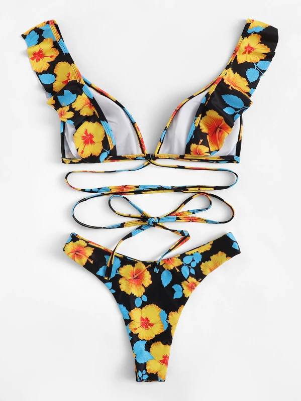 floral ruffle lace up bikini