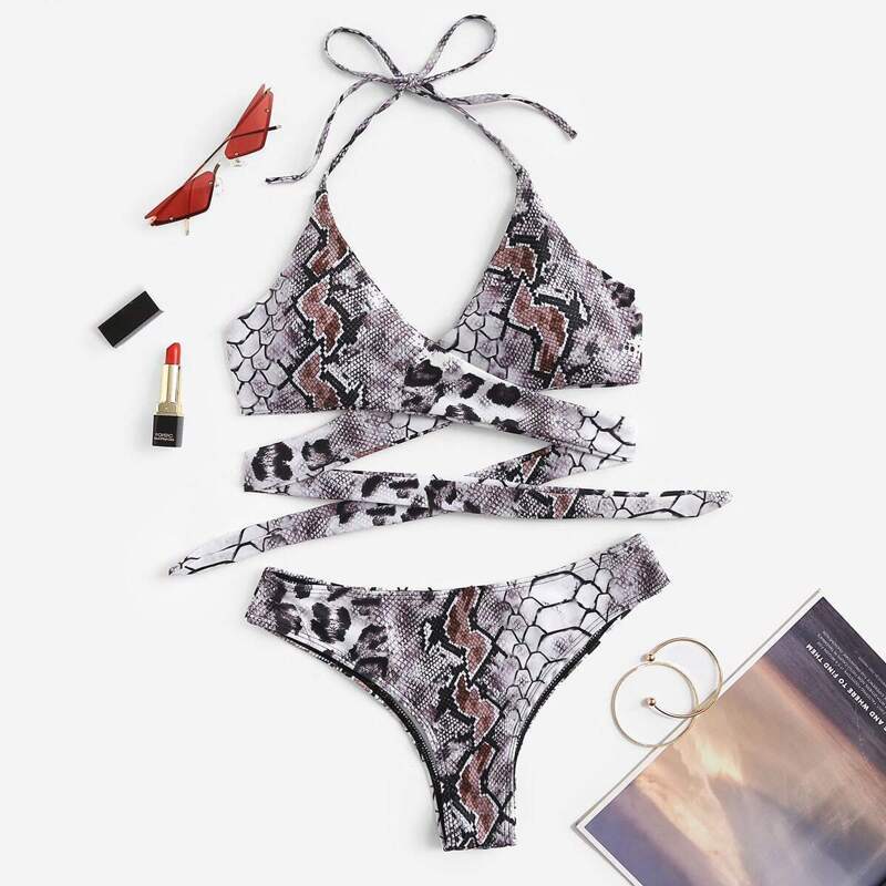 

Snake Print Wrap Top With Cheeky Bikini, Multicolor