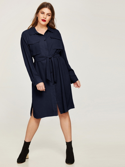 Plus Tie Waist Split Side Shirt Dress pictures