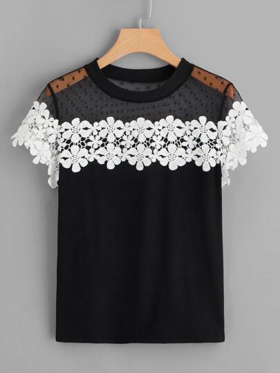 Contrast Mesh Hollow Out Crochet Tee pictures