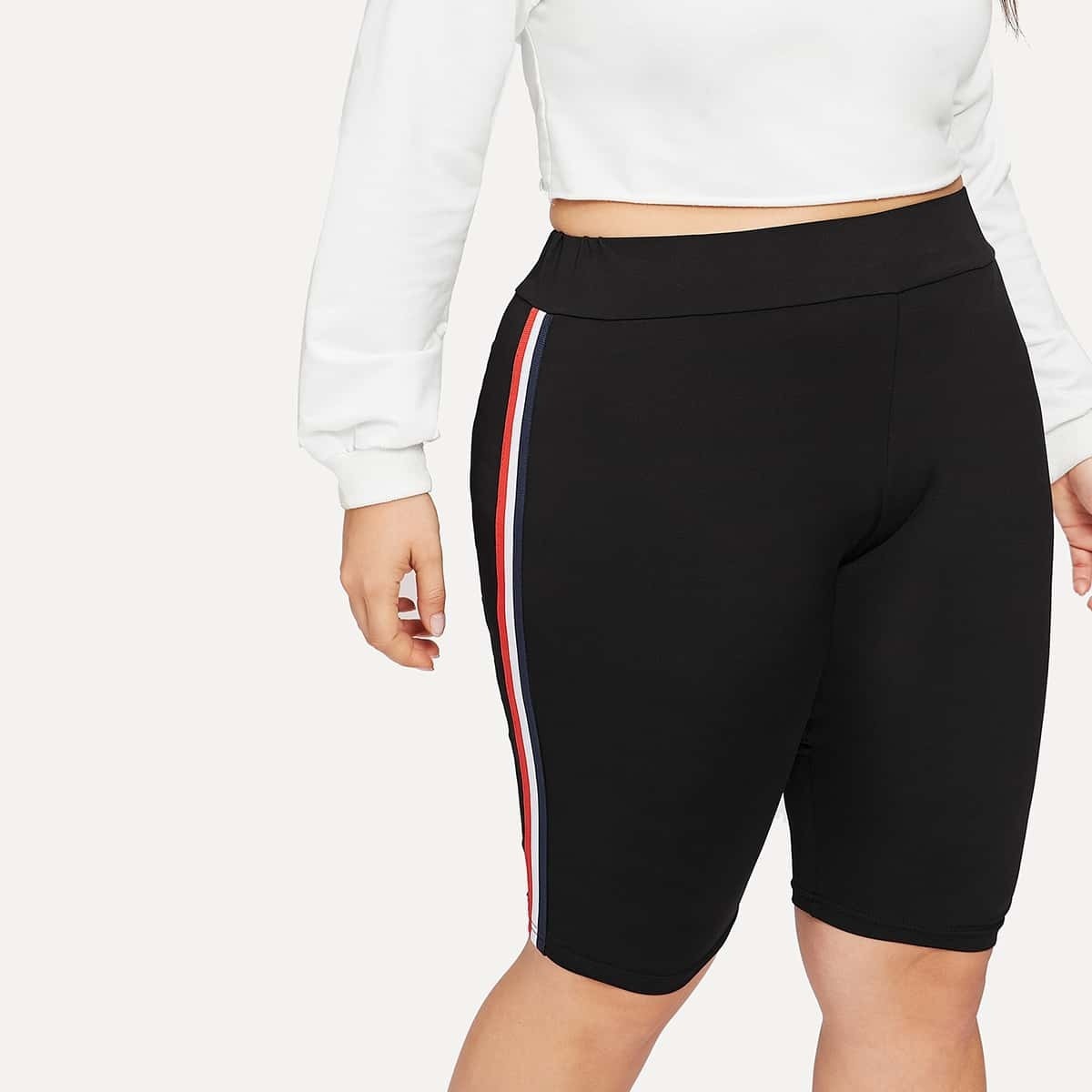 

Plus Striped Tape Side Cycling Leggings, Black