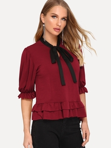 Tie Neck Ruffle Hem Tee