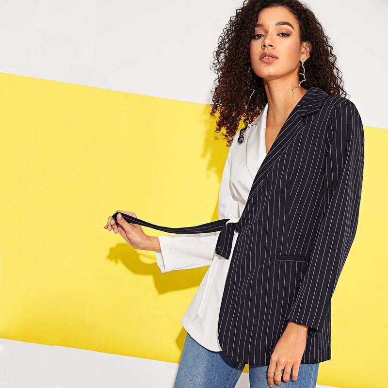 

Cut-and-sew Striped Belted Blazer, Multicolor