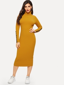 High Neck Buttoned Cuff Ribbed Knit Dress