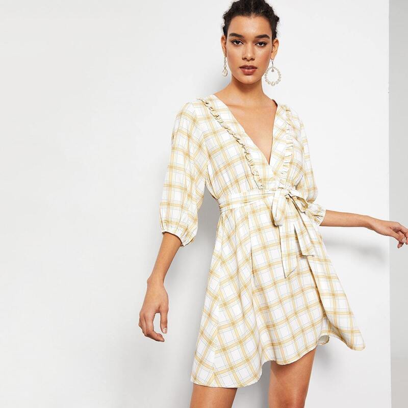

Plunge Neck Ruffle Trim Belted Plaid Dress, Multicolor
