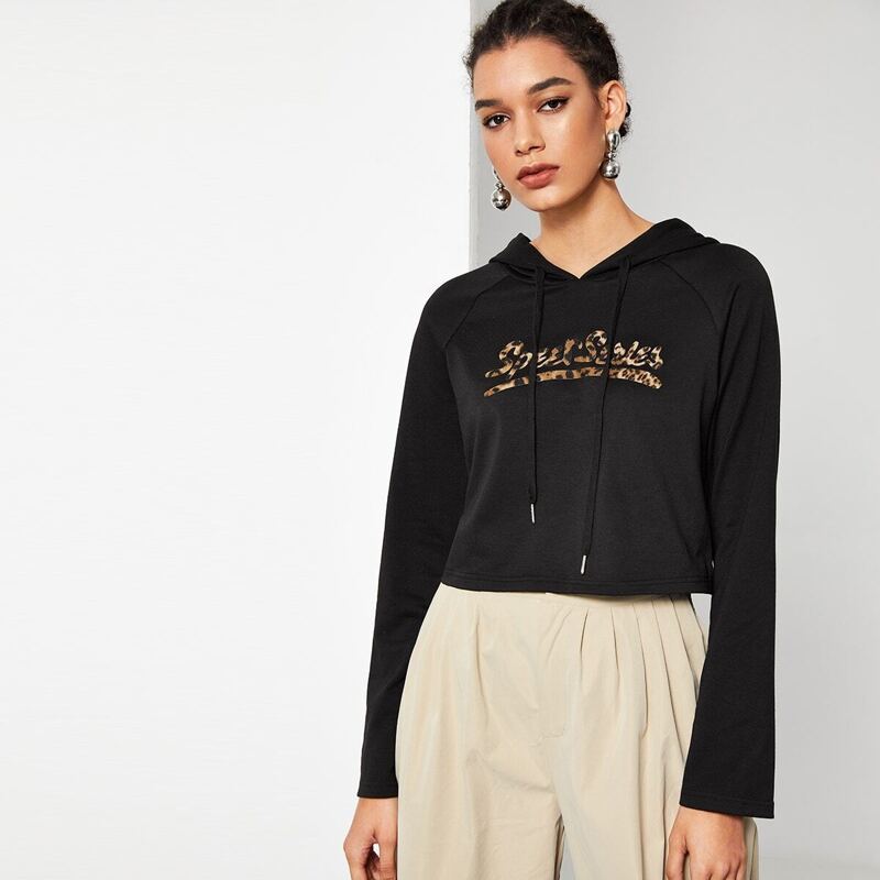 

Leopard Letter Print Drawstring Hoodie, Black