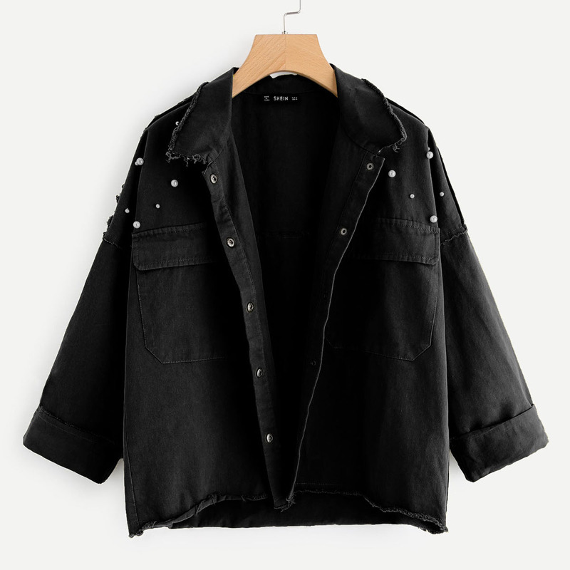 

Pearls Beaded Roll Up Sleeve Jacket, Black
