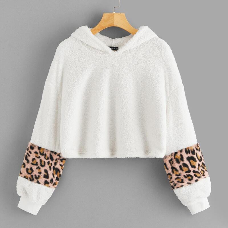 

Faux Fur Contrast Leopard Print Hoodie, White