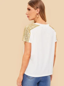 SHEIN LUNE Camiseta con bolsillo con lentejuelas en contraste - Blanco - Ver 2