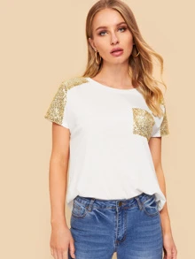 SHEIN LUNE Camiseta con bolsillo con lentejuelas en contraste - Blanco - Ver 4