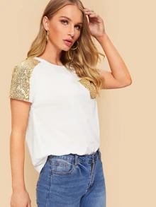 SHEIN LUNE Camiseta con bolsillo con lentejuelas en contraste - Blanco - Ver 5
