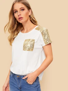 SHEIN LUNE Camiseta con bolsillo con lentejuelas en contraste - Blanco - Ver 1